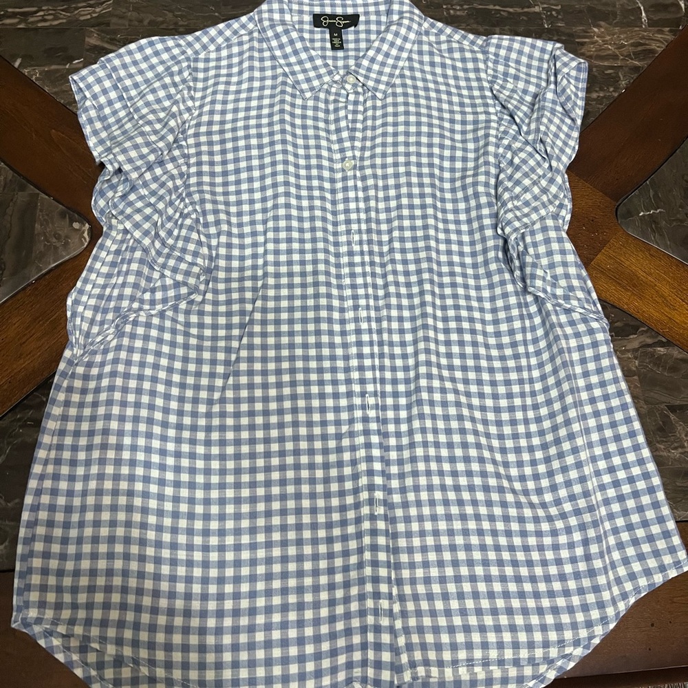 Slate blue gingham check blouse; cute ruffles on the sleeves; like new
